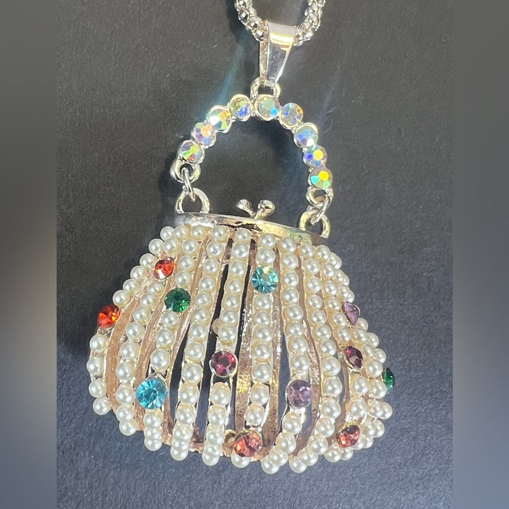 New Faux Pearl & Multicolor Rhinestone Evening Bag Necklace in Rose Gold - Picture 4 of 11